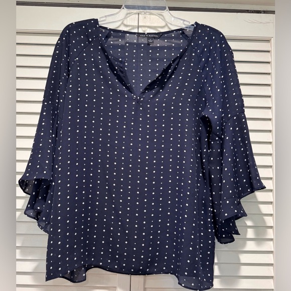 Zac & Rachel Tops - ZAC & RACHEL— Size S, Sheer Navy w/ White Polka Dots, & Flutter Bell Sleeves
